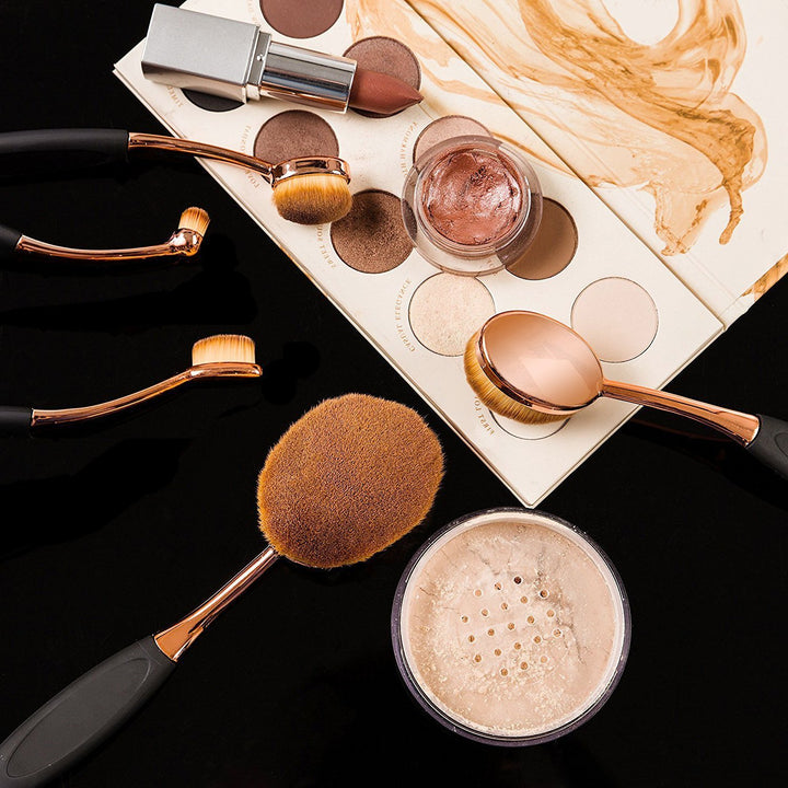 Oval Makeup Brush Set of 5 Pcs Professional Oval Toothbrush Foundation Contour Concealer Eyeliner Blending Cosmetic Brushes Tool Set by Beauty Kate (Rose Gold Black)