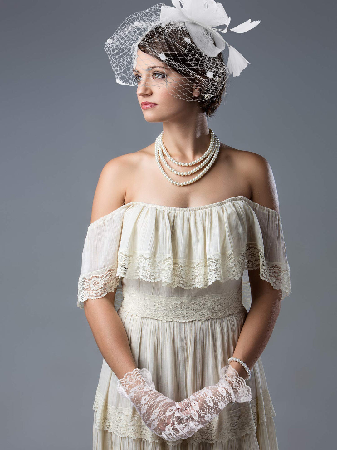 Bowknot Fascinator Hat Tea Party Hat Feathers Veil Mesh Headband and Short Lace Gloves Floral Lace Gloves(White, Adult)