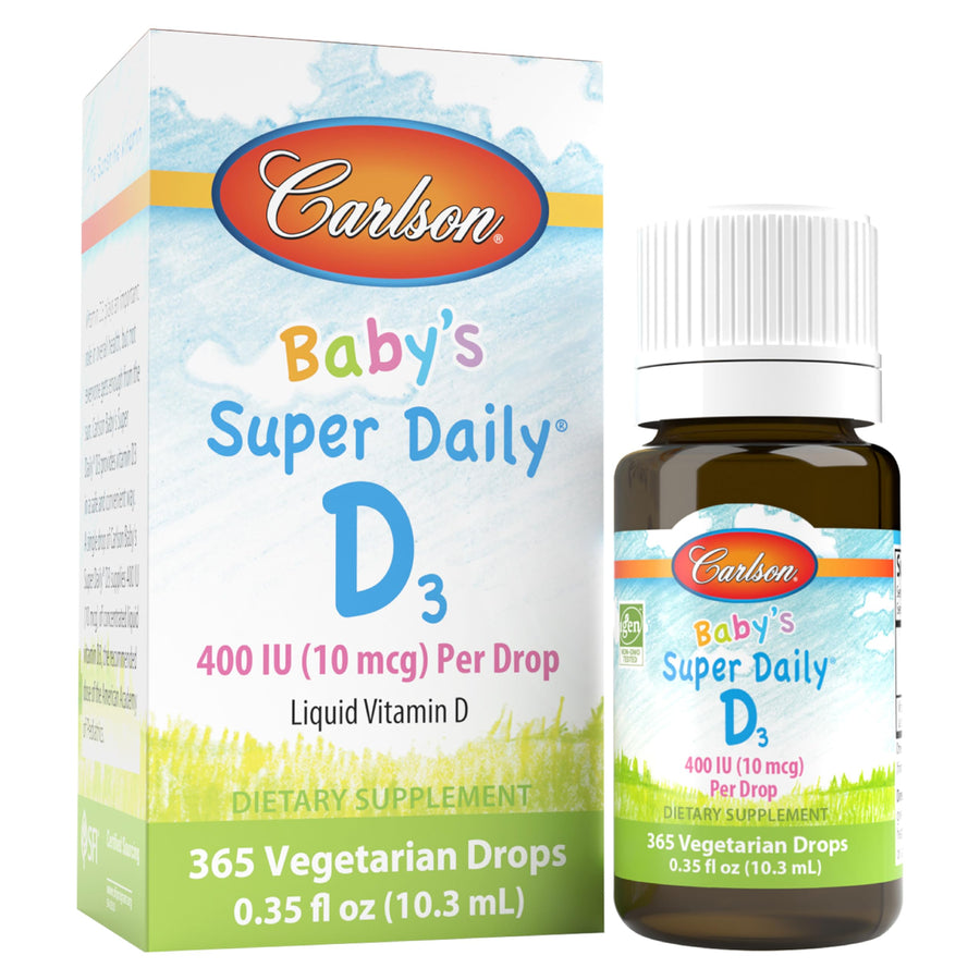 - Baby's Super Daily D3, Baby Vitamin D Drops, 400 IU (10 mcg) per Drop, 1-Year Supply, Vegetarian, Liquid Vitamin D for Infants and Toddlers, Unflavored, 365 Drops