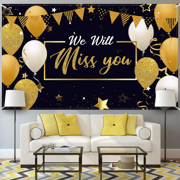 We Will Miss You Party Decorations, Extra Large Going Away Party Backdrop Miss You Photography Background Banner for Farewell Anniversary Retirement Graduation Party, 72.8 x 43.3 Inch (Black, Gold)