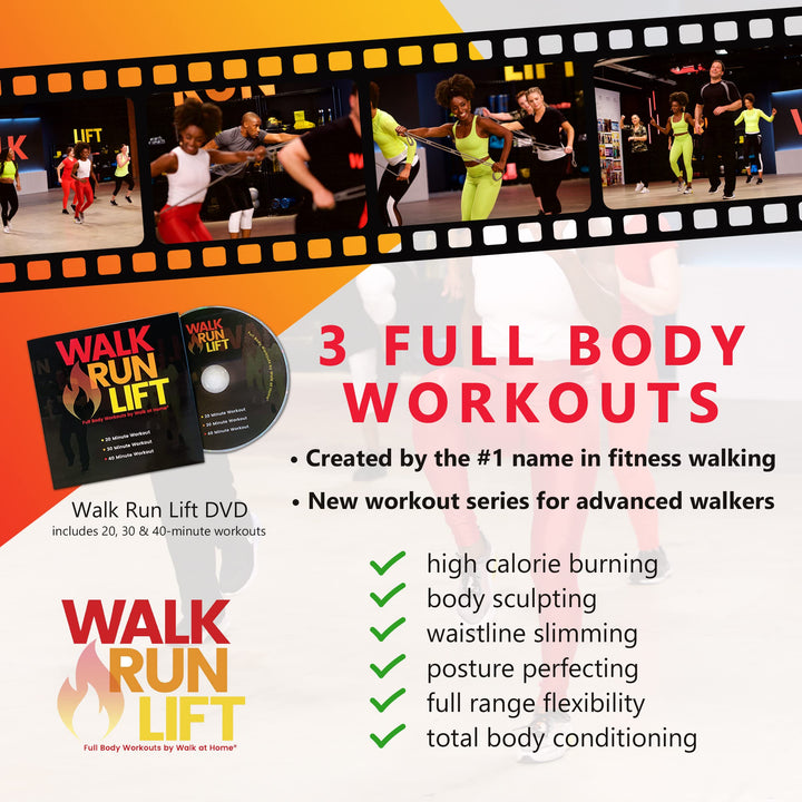 Walk Run Lift Band Bag Bundle with 7 Ring Resistance Bands, Happy Walking Firm Band, 1 DVD (3 Workouts) and Drawstring Bag for Home Workout Walking Exercise