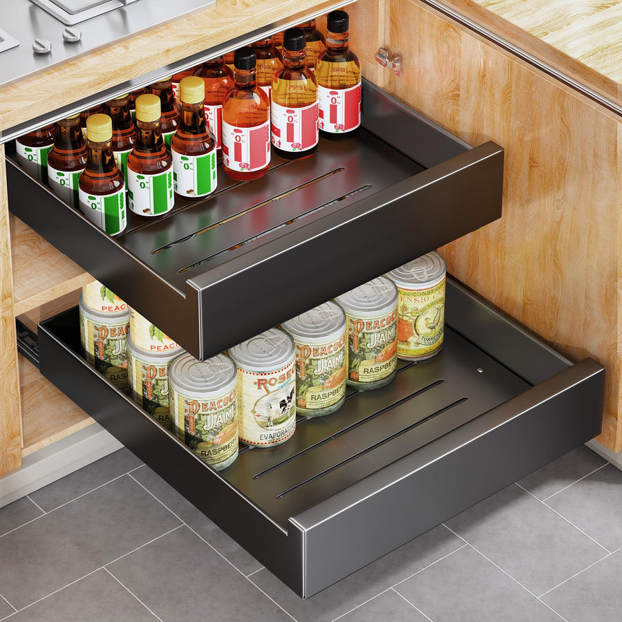 Pull Out Cabinet Organizer Fixed With Adhesive Nano Film,Heavy Duty Storage and Organization Slide Out Pantry Shelves Sliding Drawer Pantry Shelf for Kitchen,Living Room 9.8W x 16.9D x3.1H(1PC)