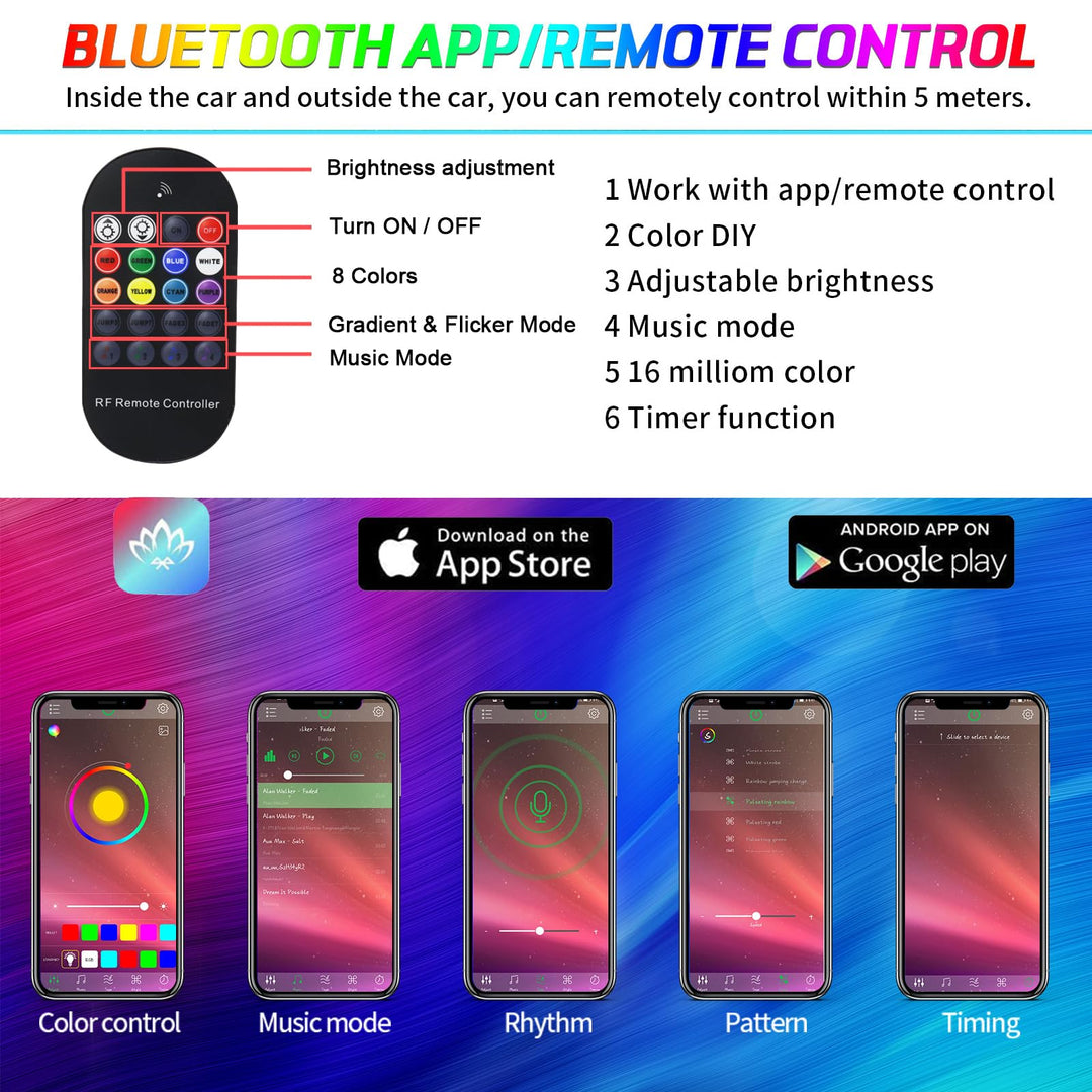 6 in 1 Car LED Strip Lights, RGB Car Interior Lights with 315 inches Fiber Optic, Remote and APP Control, 16 Million Colors Ambient Lighting Kits, Music Neon Light Accessories for Car Inside