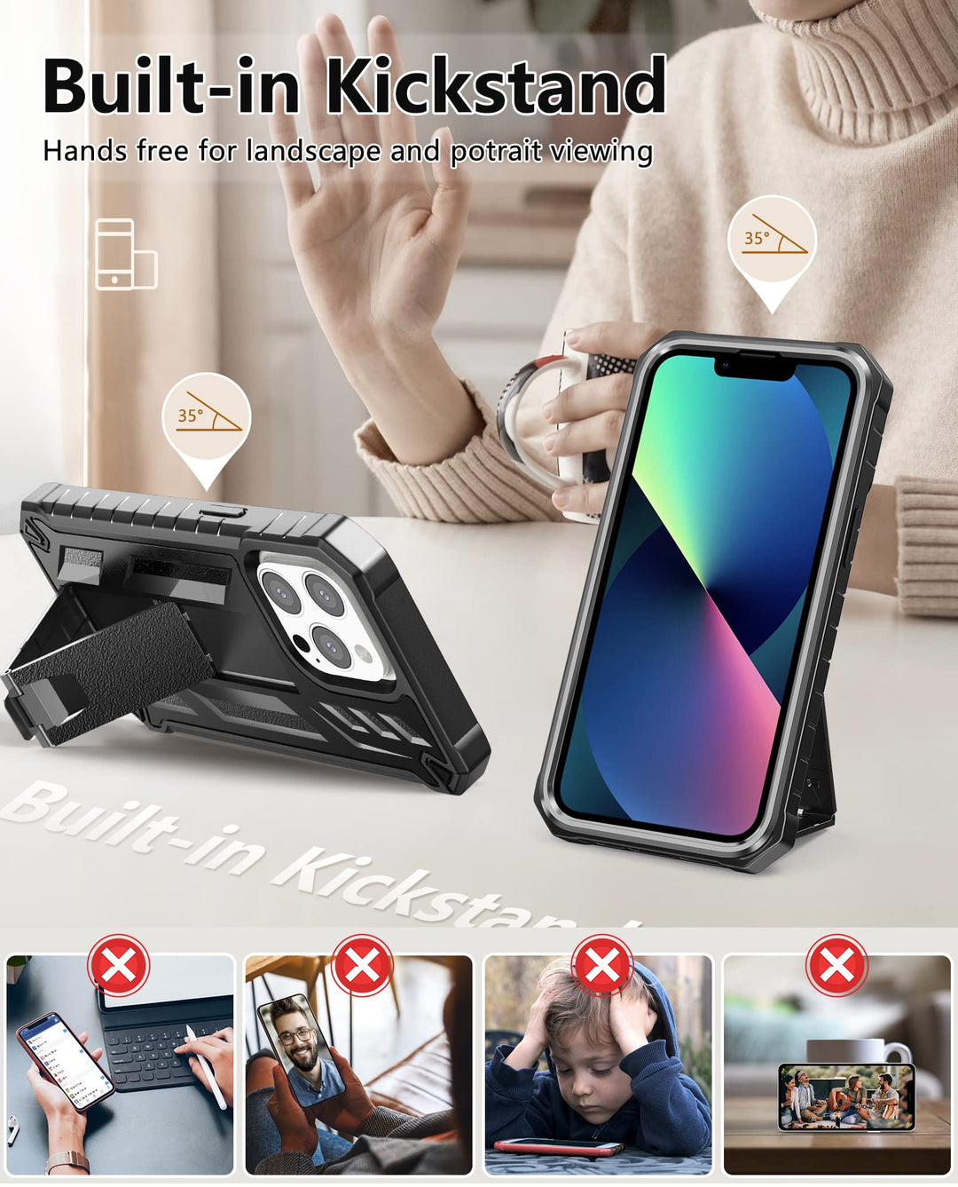 for iPhone 13 Pro Max Case: Built in Kickstand - Military Grade Shockproof Durable Protective Phone Cover | Heavy Duty Drop Proof Full Protection TPU Bumper Hard Rugged Case 6.7 inch 2021 Black