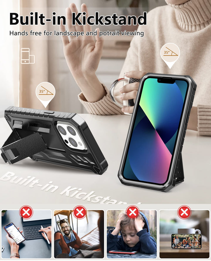 for iPhone 13 Pro Max Case: Built in Kickstand - Military Grade Shockproof Durable Protective Phone Cover | Heavy Duty Drop Proof Full Protection TPU Bumper Hard Rugged Case 6.7 inch 2021 Black