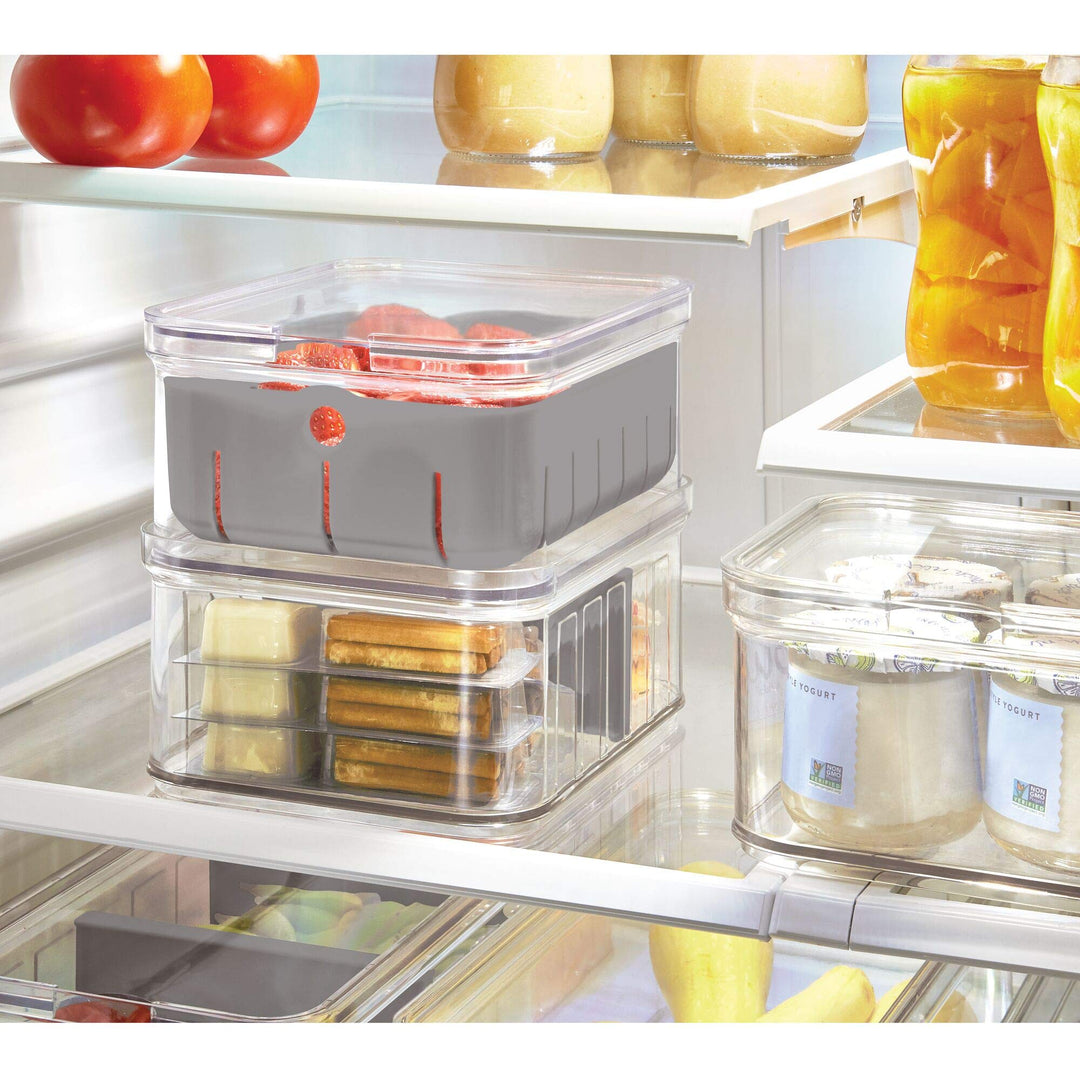 iDesign Plastic Crisp Divided Fruit and Vegetable Storage with Easy to Grip Integrated Handles Designed to Keep Food Fresh Longer, 8.32 x 6.32 x 3.76, 2 Section