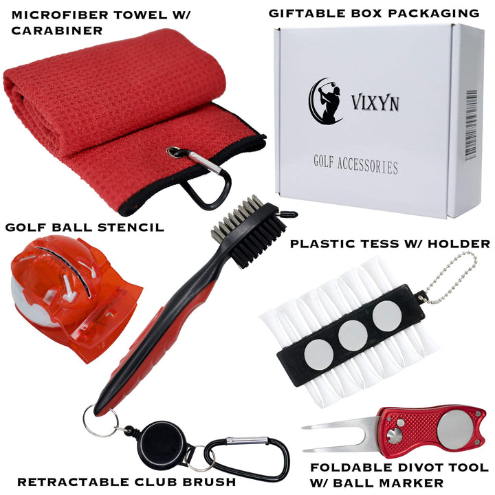 Golf Accessories Gift Set - Golf Towel, Golf Club Brush with Groove Cleaner, Foldable Divot Repair Tool with Ball Marker, Golf Ball Line Marker and Tees with Holder - Golf Club Cleaning Kit