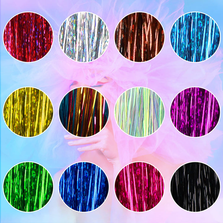 47 Inches Tinsel Hair Extension with Tool 12 Colors 2400 Strands Hair Extension Tinsel Kit Glitter Hair Extensions for Women Girls Hair Accessories for Christmas New Year Cosplay Party