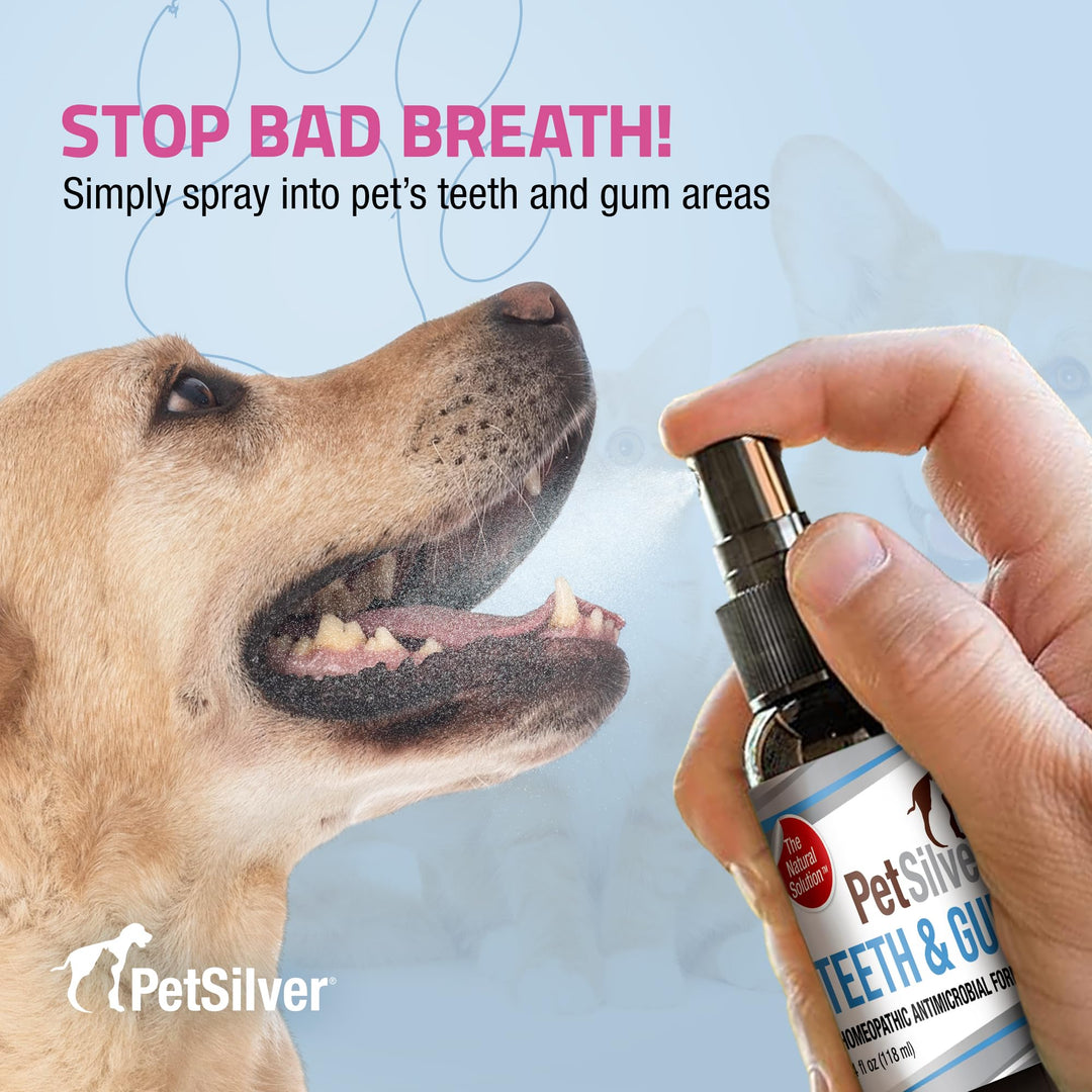 Teeth & Gum Spray - Dog Dental & Teeth Cleaning Spray for Plaque & Tartar Build-Up Reduction - Natural Breath Freshener for Dogs and Cats - Patented Chelated Silver - Made in The USA - 4 oz