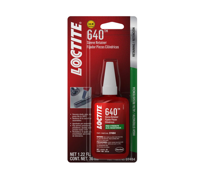 640 High-Strength Sleeve Retainer, High-Temperature, Anaerobic Adhesive, for Large Diameter Components, Active Metals, Prevents Surface Corrosion | Green, 36 ml Bottle (PN: 492147)