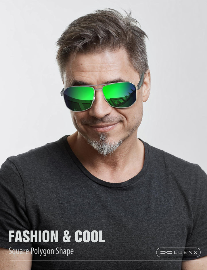 Aviator Sunglasses for Men Driving Square Polarized Polygon Lens - UV 400 Protection with Accessories(Mirror Green Lens)