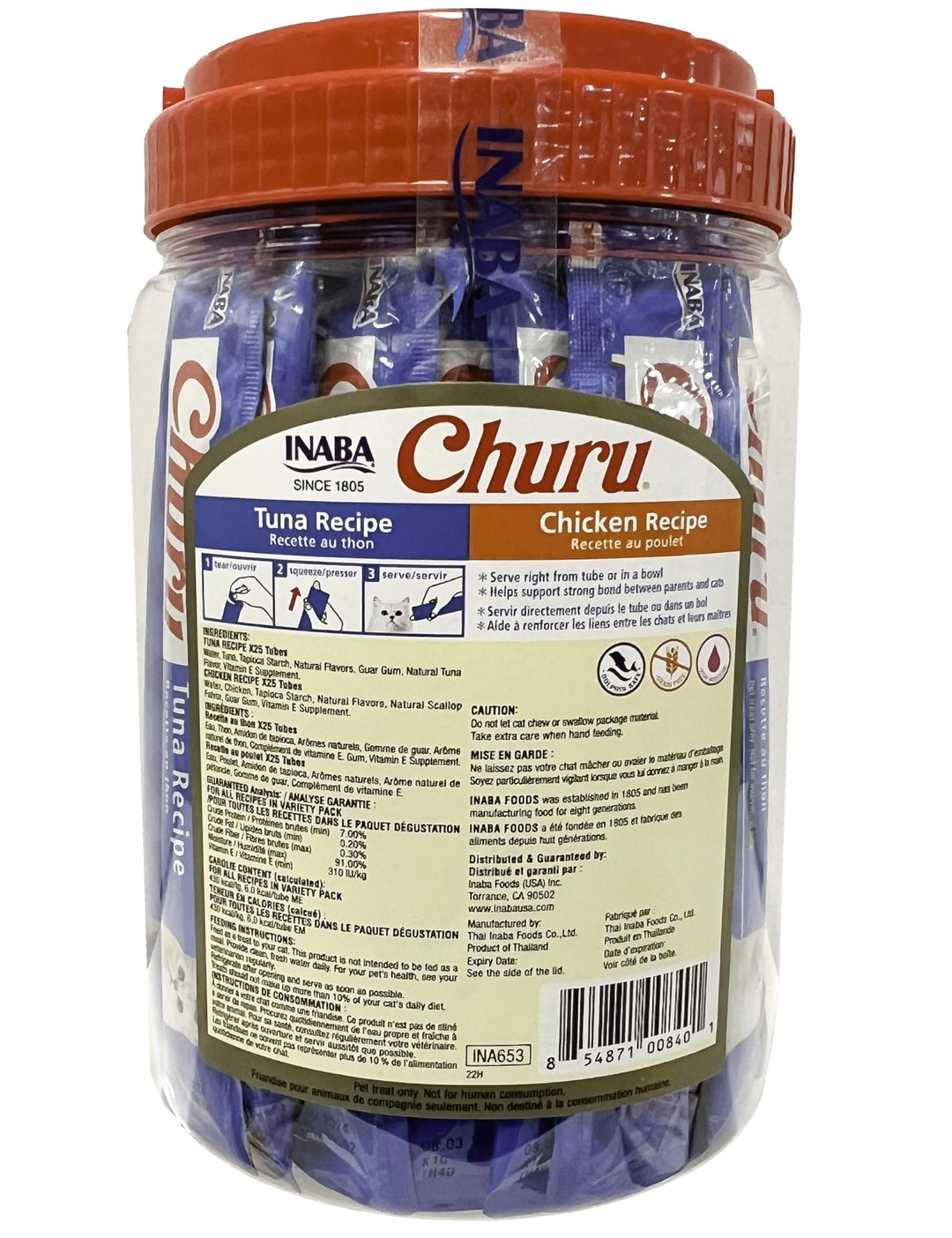 Churu Cat Treats, Grain-Free, Lickable, Squeezable Creamy Purée Cat Treat/Topper, 25 Tuna & 25 Chicken