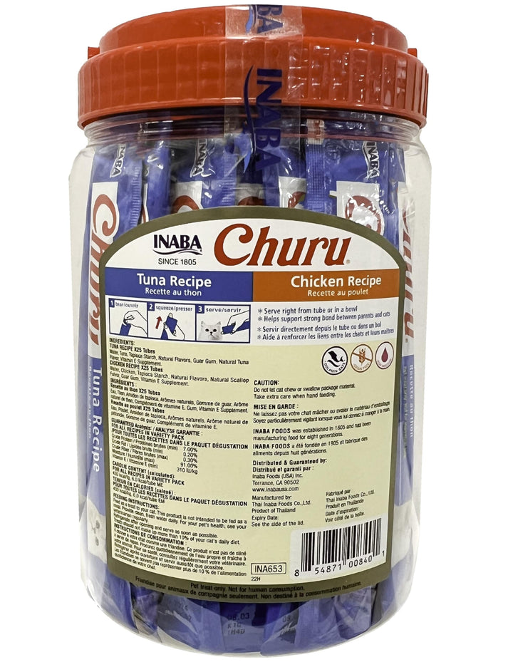 Churu Cat Treats, Grain-Free, Lickable, Squeezable Creamy Purée Cat Treat/Topper, 25 Tuna & 25 Chicken
