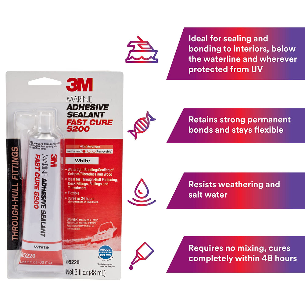 Marine Adhesive Sealant Fast Cure 5200 (05220) Permanent Bonding and Sealing for Boats and RVs Above and Below the Waterline Waterproof Repair, White, 3 fl oz Tube