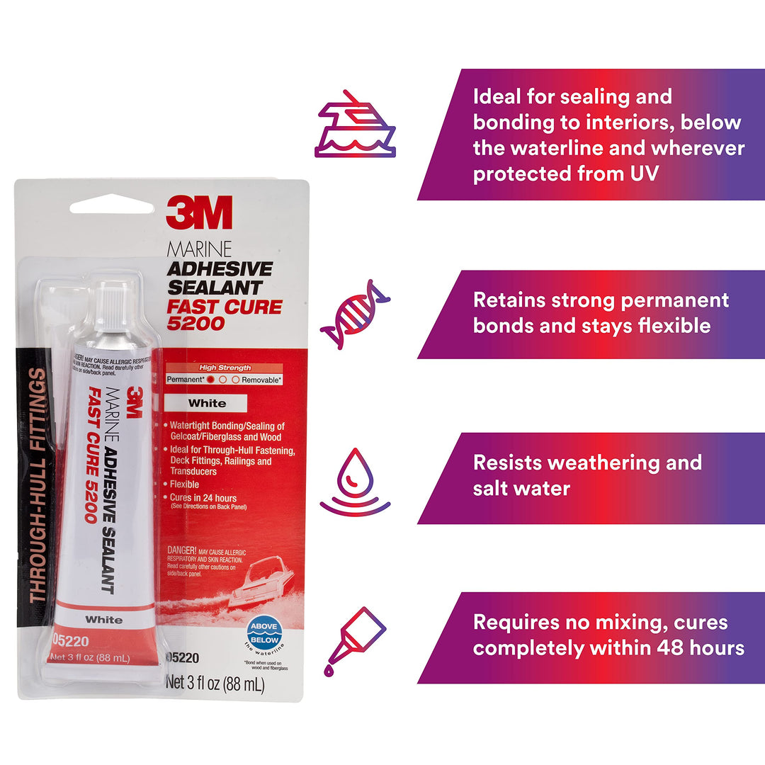 Marine Adhesive Sealant Fast Cure 5200 (05220) Permanent Bonding and Sealing for Boats and RVs Above and Below the Waterline Waterproof Repair, White, 3 fl oz Tube