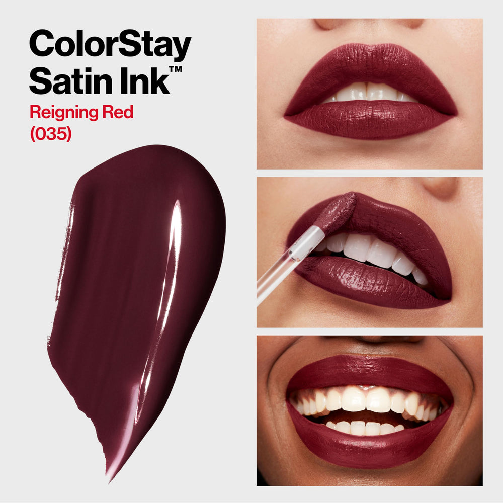 ColorStay Satin Ink Crown Jewels Liquid Lipstick, Longlasting & Waterproof Lipcolor, Moisturizing Creamy Formula Infused with Black Currant Seed Oil, 035 Reigning Red, 0.17 fl oz.