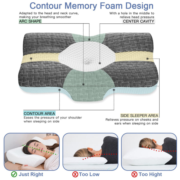 Cervical Pillow, Memory Foam Bed Pillows for Neck Pain Relief, Adjustable Ergonomic Orthopedic Contour Support Pillow for Sleeping, Back, Stomach, Side Sleeper (Dark Grey)