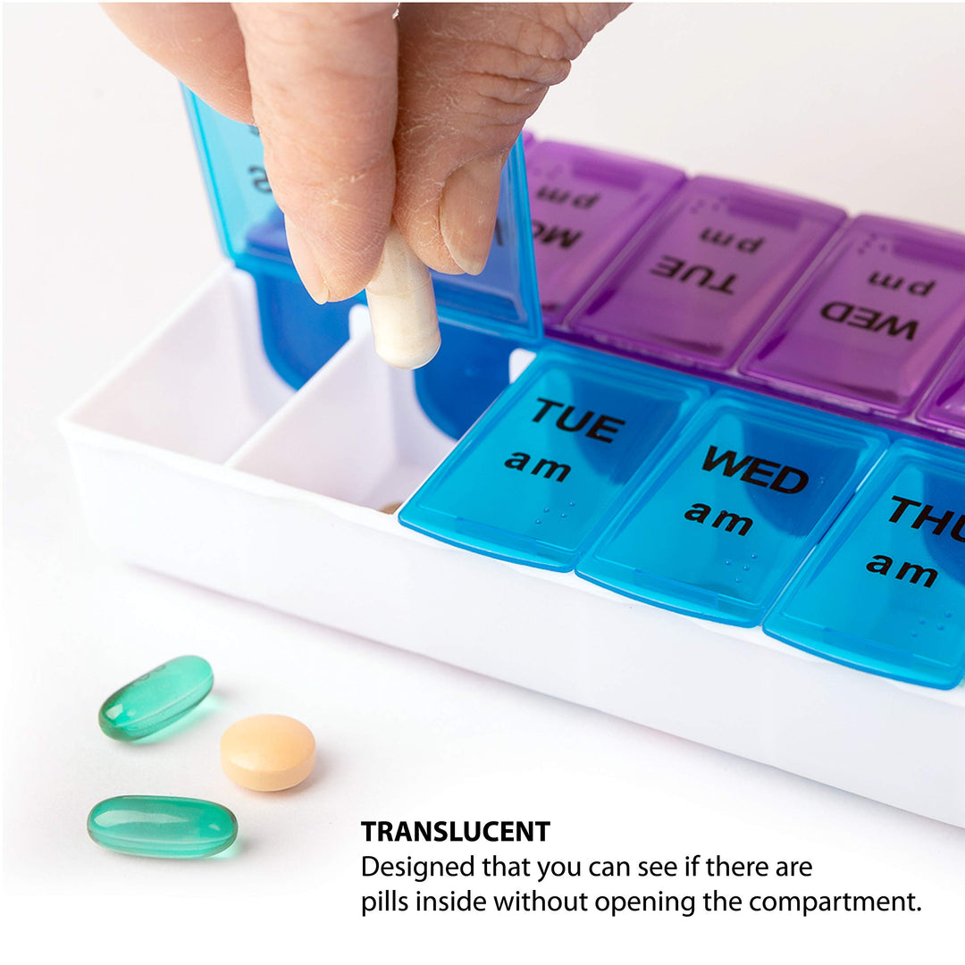 2 Pack - Pill Organizer case, 7 Daily compartments, AM PM Slot, Weekly dosis Container, Medicine Holder, Pills Medication Dispenser, Vitamin, Supplement, Perfect f/Travel, Ideal for Purse BS0096J