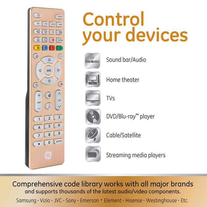 Universal Remote Control, Samsung TV Remote, Universal TV Remote for Roku TV, Vizio, LG, Sony, Sharp, Roku, Apple TV, TCL, Panasonic, Smart TVs, Streaming Players,Bluray, DVD, 4-Device, Gold, 48845