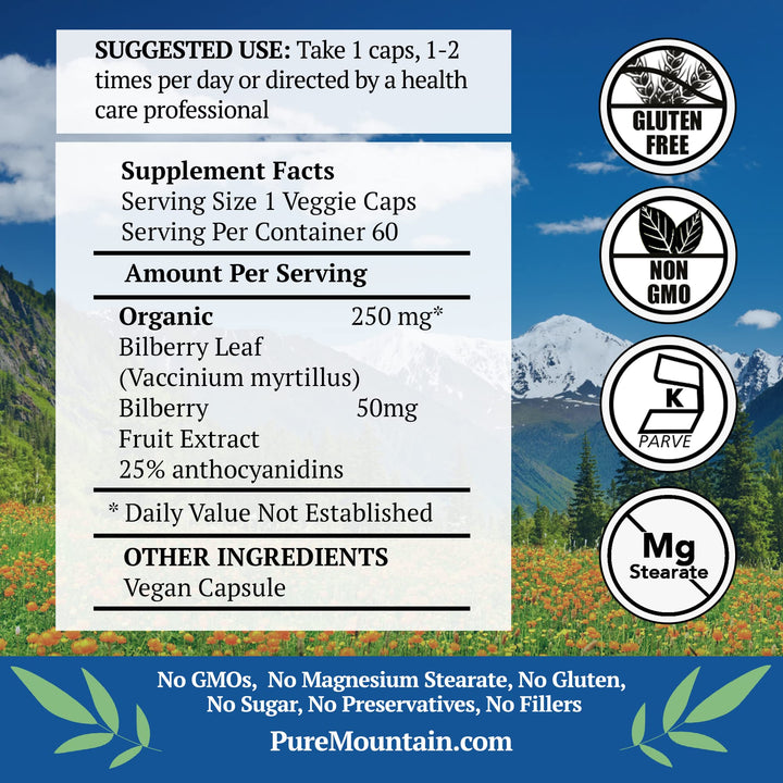 Bilberry Extract Supplement Vegan Kosher Capsules with 250mg Organic Bilberry Leaf & 50mg Potent Extract of Billberries