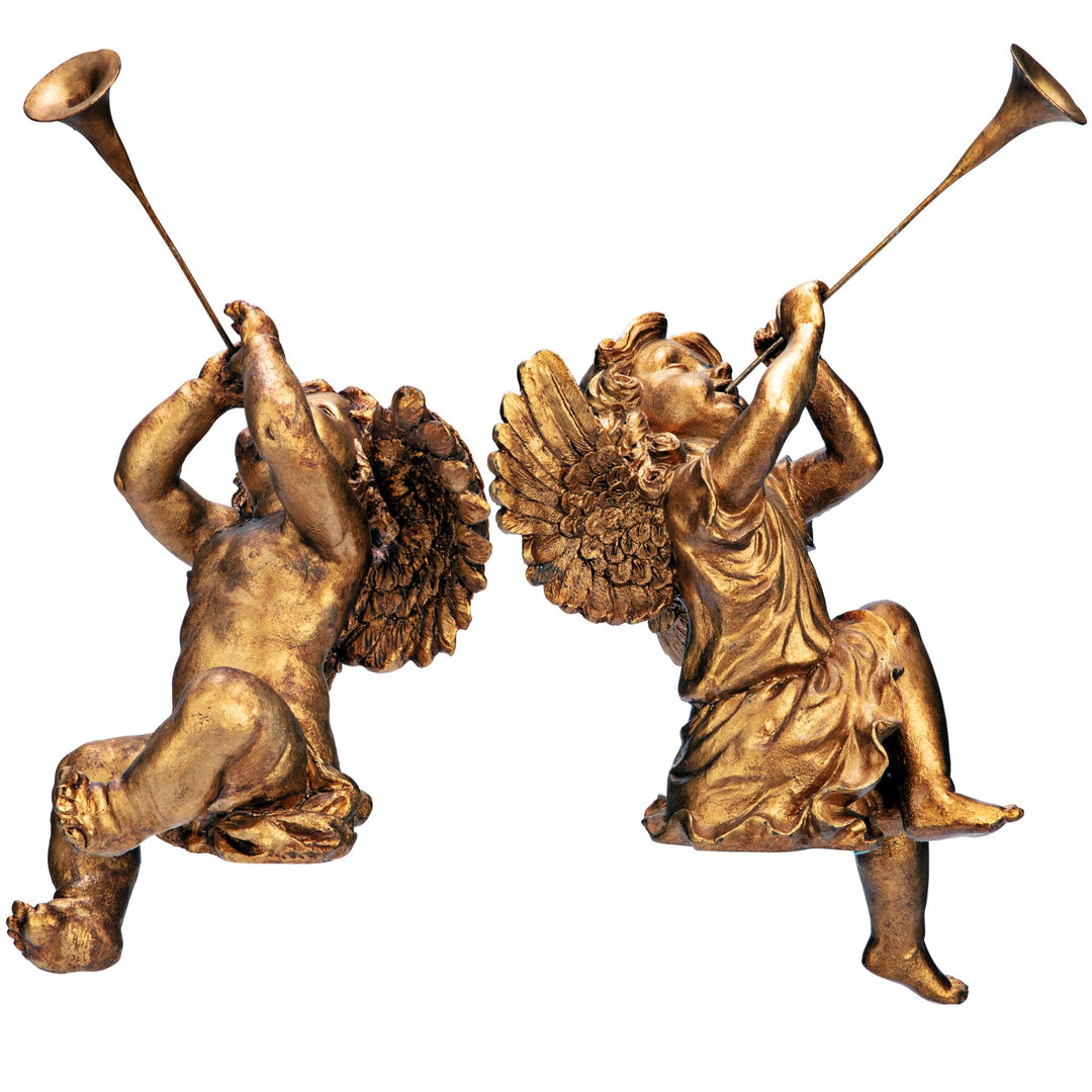 Christmas Decorations-Trumpeting Boy and Girl of St. Peters Square-Holiday Angel Statue, Set of 2, Gold, 2 Count