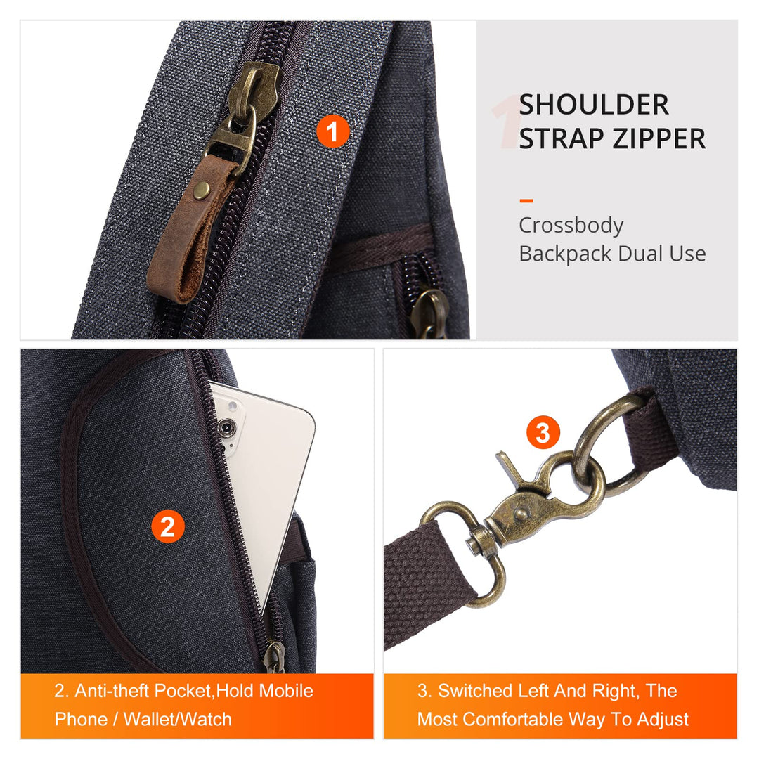 Sling Bag Canvas Crossbody Backpack Genuine Leather Shoulder Bag Casual Daypacks For Men Cycling Hiking Travel