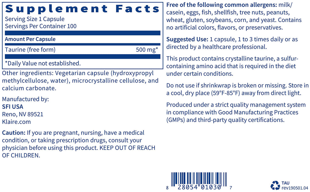 Taurine - 500 Milligrams Crystalline Taurine for Energy & Cardiac Support, Hypoallergenic (100 Capsules)