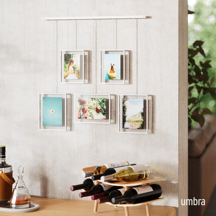 Exhibit Picture Frame Gallery Set, Adjustable Wall Collage Displays Five Photos (Two 4x6 and Three 5x7), Set of 5, White