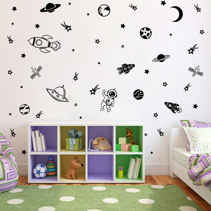 Outer Space Wall Decals for Boys Bedroom Decoration Rockets Planets Stars Wall Stickers Removable Wall Decor for Baby Kids Room (33) (Black)