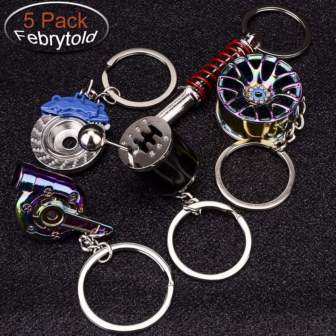 5 Pcs Car Parts Model Key Chains, Colorful Turbo Keychain, Black Manual Gearbox Keychain, Colorful Tire Rim Keychain, Blue Brake Rotor Keychain, Red Spring Shock-absorber Keychain