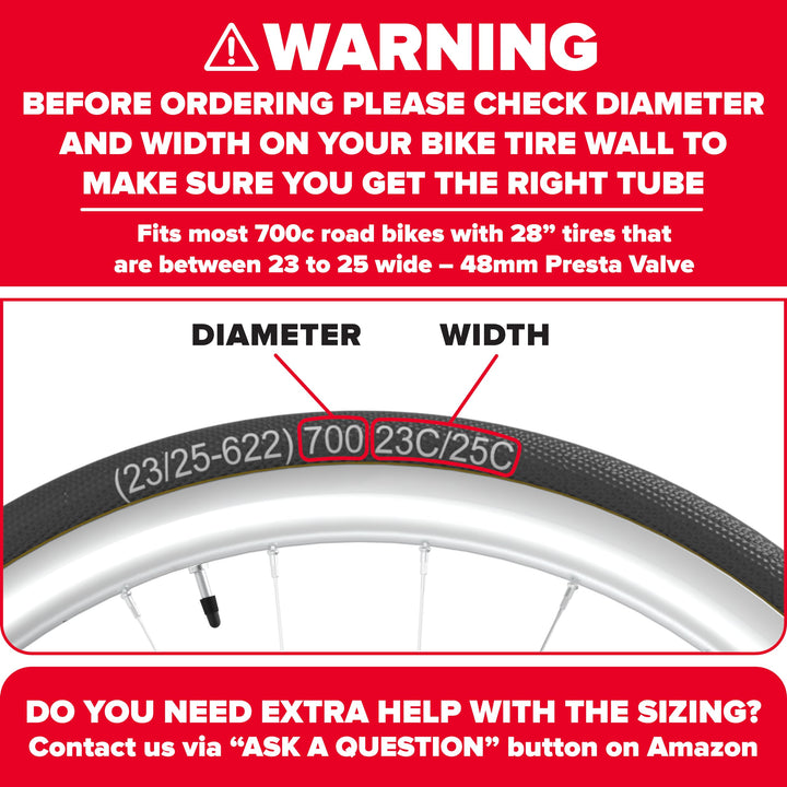 Bike Inner Tube for 700x23-25c, 28 inch Bicycle Wheel Sizes with 48mm Presta Valve - Butyl Rubber Tubes for Road and Gravel Bikes - 2 Tubes with 2 tire levers Included