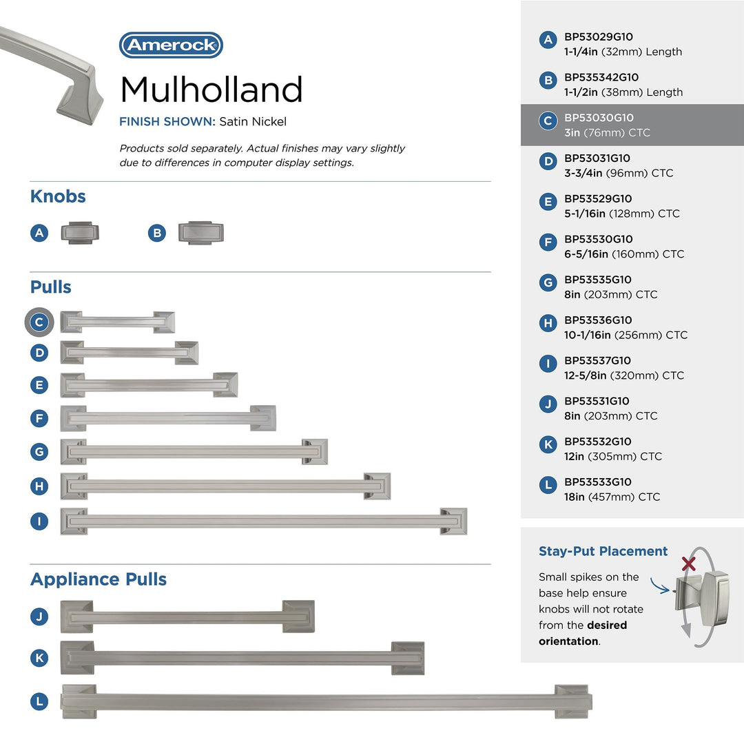 BP53030-G10 Mulholland 3-inch Center Pull Handle, Satin Nickel