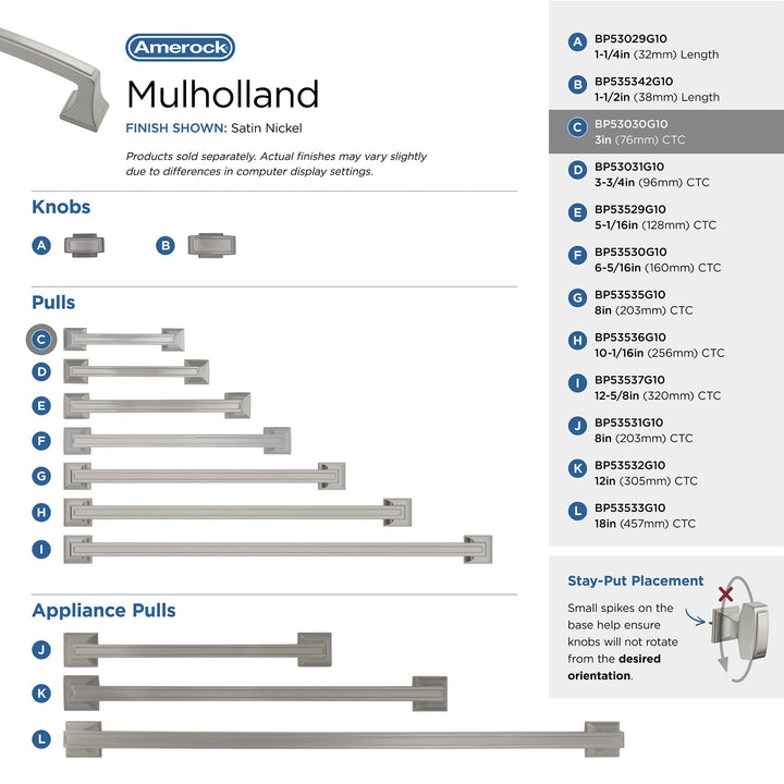 BP53030-G10 Mulholland 3-inch Center Pull Handle, Satin Nickel