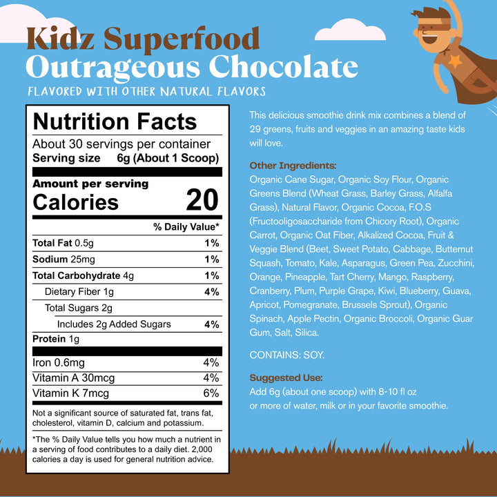 Kidz Superfood: Organic Greens, Fruits, Veggies, Beet Root Powder & Probiotics for Healthy Kids, Outrageous Chocolate, 30 Servings, 6.35 Ounce (Pack of 1)