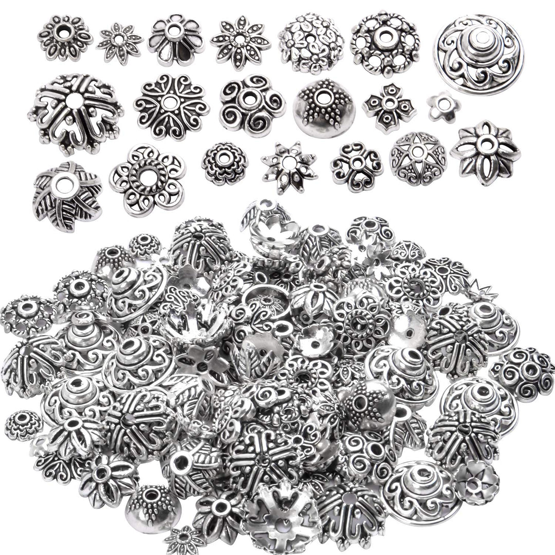 200pcs Tibetan Silver Flower Bead Caps Bead Caps Spacer Beads Bali Style Jewelry Findings for Necklace Bracelet,20 Styles