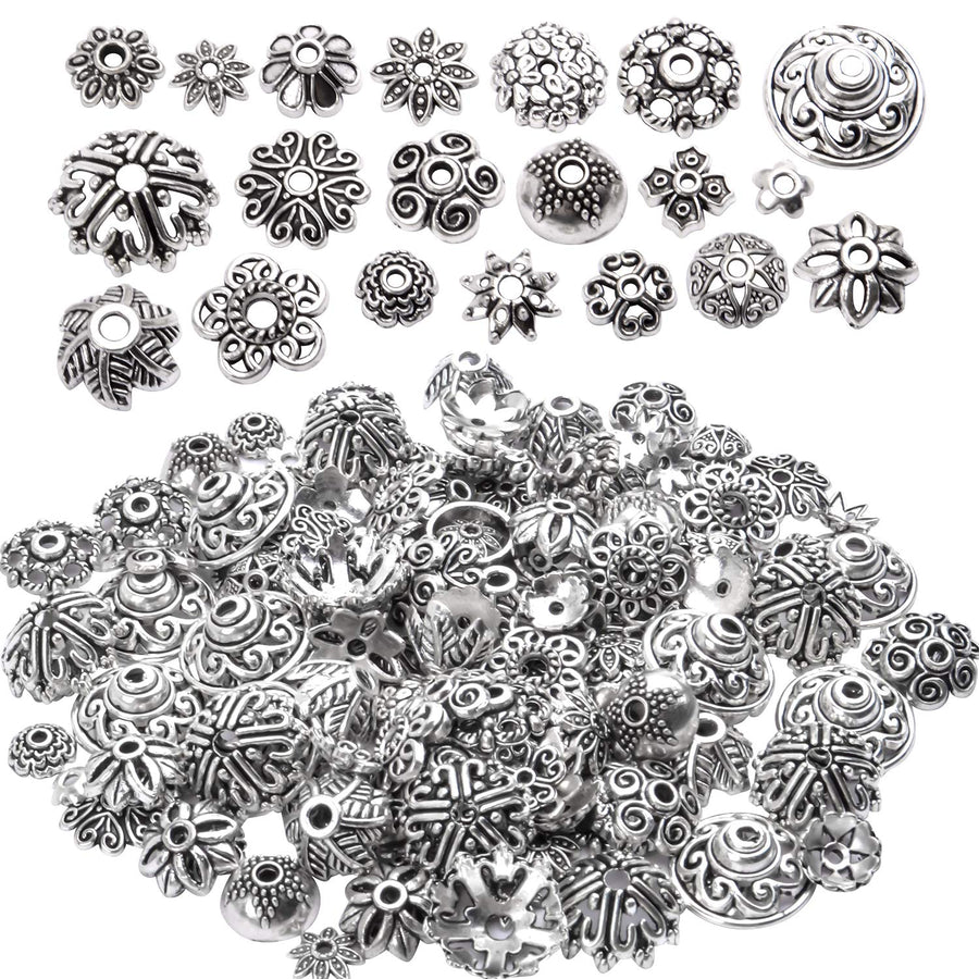 200pcs Tibetan Silver Flower Bead Caps Bead Caps Spacer Beads Bali Style Jewelry Findings for Necklace Bracelet,20 Styles