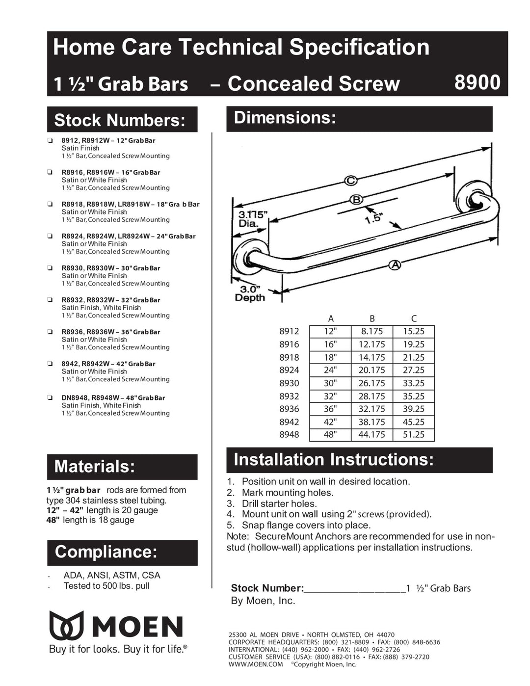 Stainless Bathroom Safety 18-Inch Shower Grab Bar with Concealed Screws for Elderly or Handicapped, R8918