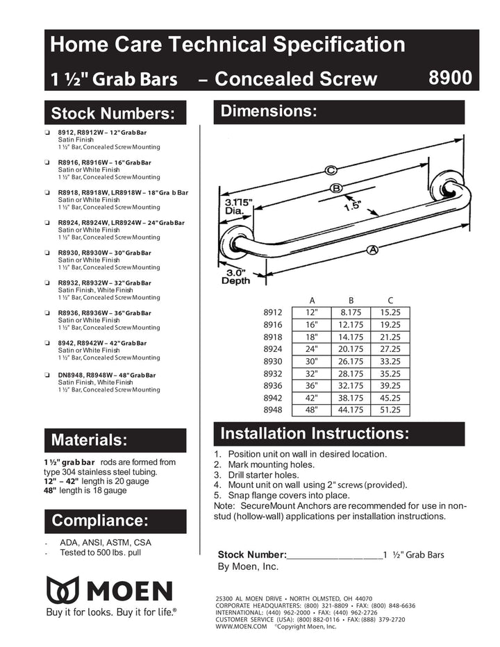 Stainless Bathroom Safety 18-Inch Shower Grab Bar with Concealed Screws for Elderly or Handicapped, R8918