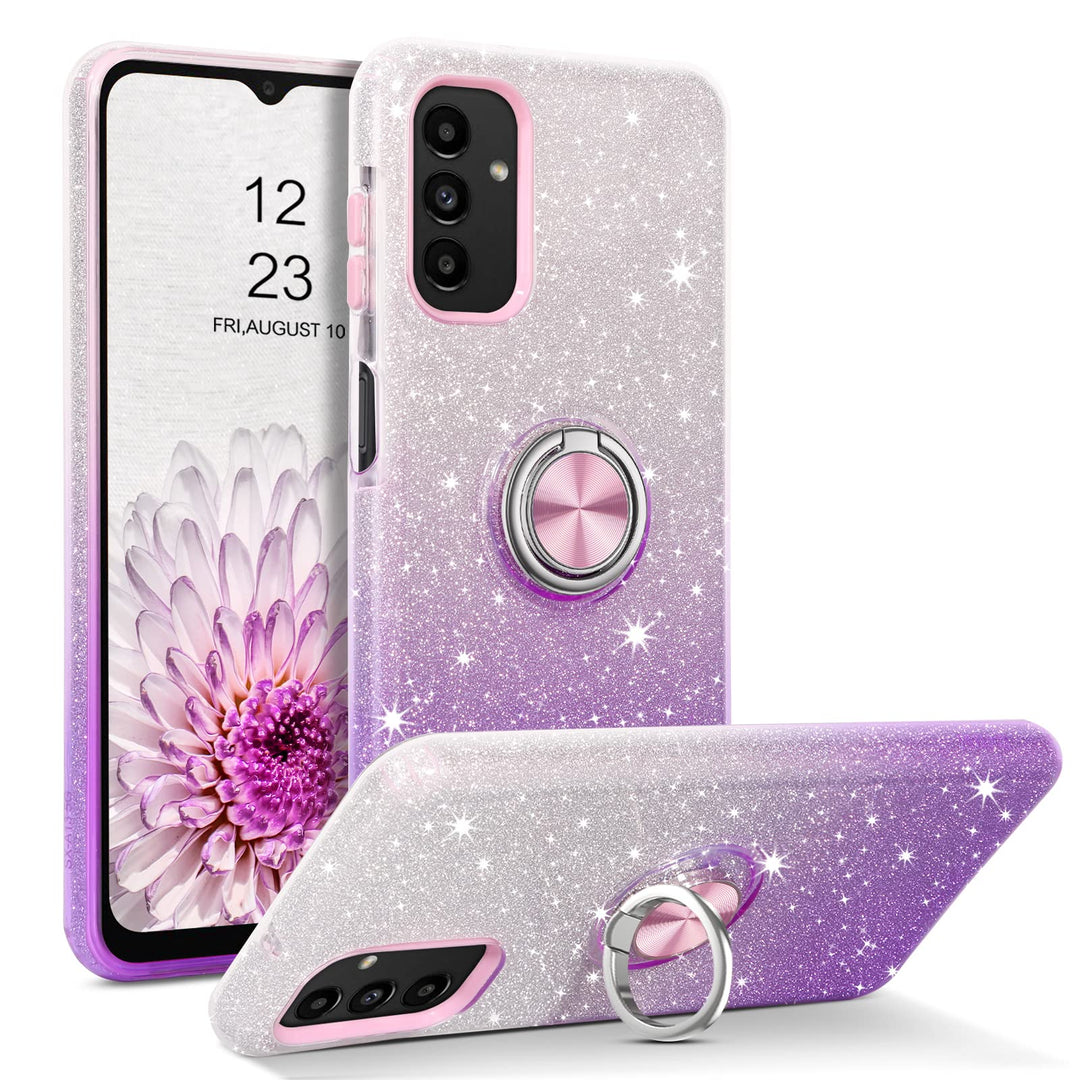 Galaxy A13 5G Case, Glitter Sparkly 360° Ring Holder Kickstand Magnetic Car Mount Dual Layer Shockproof Protective Girls Women Case Cover for Samsung Galaxy A13, Purple
