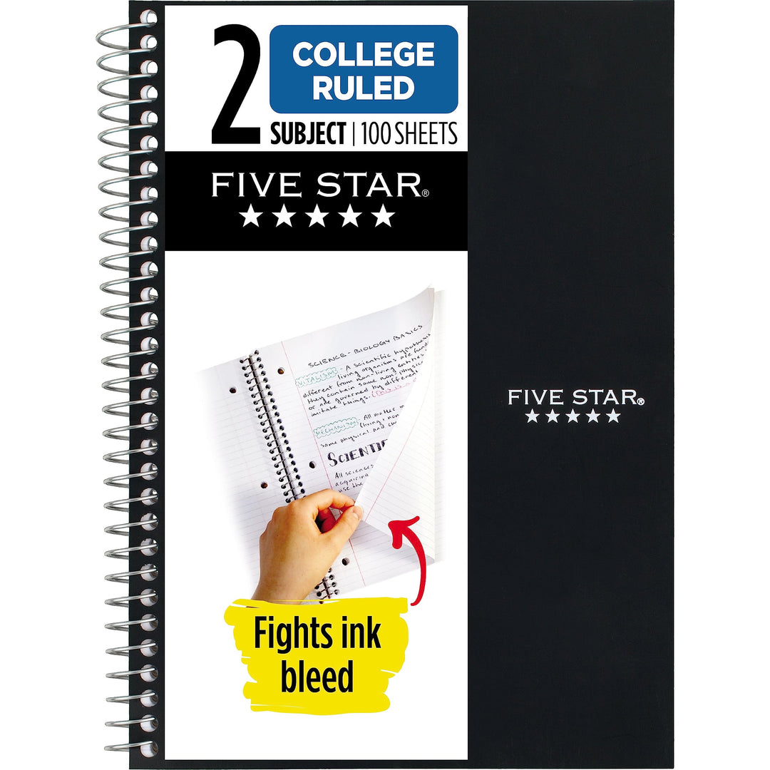 Small Spiral Notebook, 2 Subject, College Ruled Paper, 9-1/2 x 6, 100 Sheets, Black (72285)