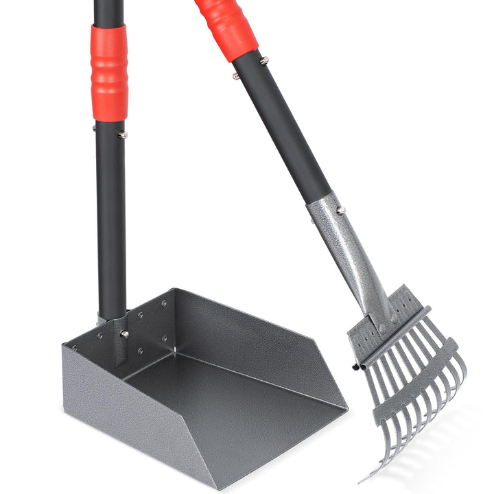 Dog Pooper Scooper, Dog Poop Tray and Rake Set, Pet Waste Removal Scoop with Long Adjustable Sectional Stainless Handles, 2 Pieces