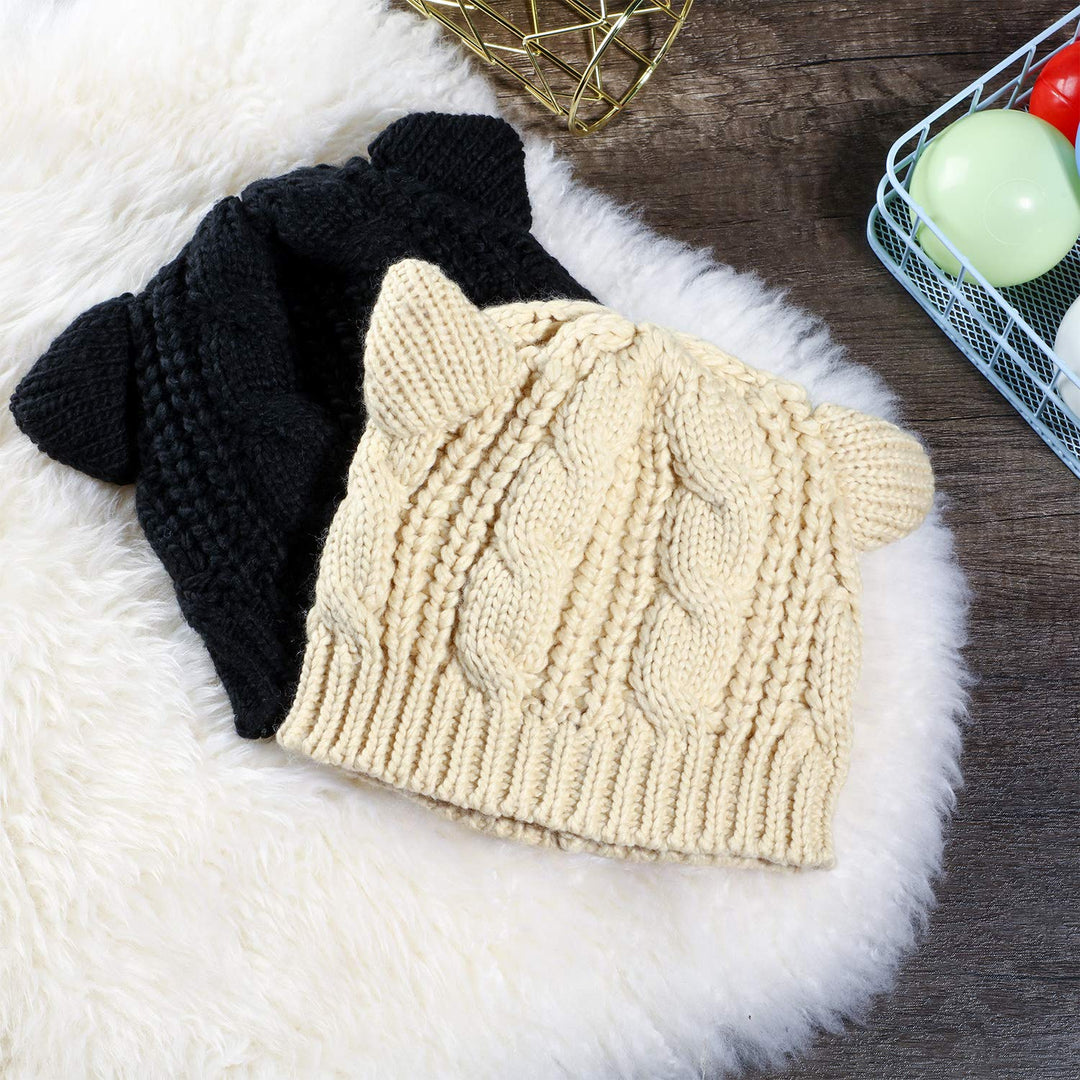 Cute Cat Ear Beanie Hat Cat Knitted Hat Winter Knit Cable Hat for Women(Black)