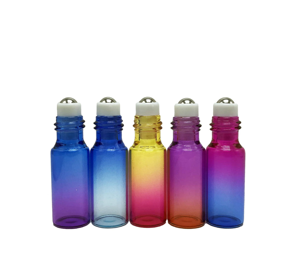 12 Pcs 5 ml Rainbow Color Glass Roller Bottles Roll-on Bottles Vial Container with Stainless Steel Roller Balls and Black Cap for Essential Oil Perfumes Liquid Aromatherapy+1pc 3 ml Dropper Included