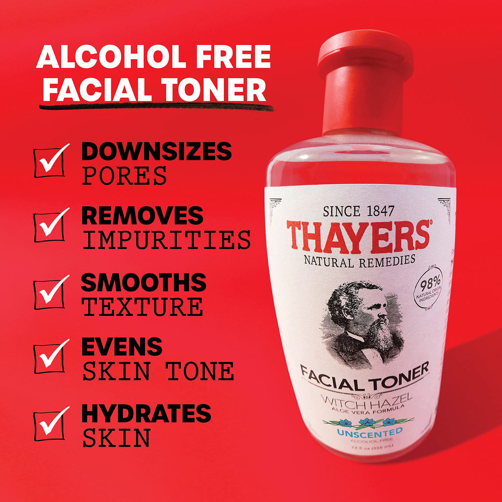 Alcohol-Free, Hydrating, Unscented Witch Hazel Facial Toner with Aloe Vera Formula, Vegan, Dermatologist Tested and Recommended, 12 Oz