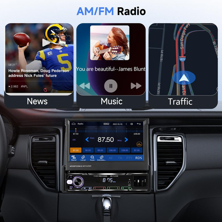 Podofo Upgrade Wireless CarPlay Single Din Radio 7 Inch Flip Out Touchscreen Car Stereo with Wireless Android Auto Bluetooth Mirror Link AM/FM USB Car Play Car Audio Receiver HD Backup Camera