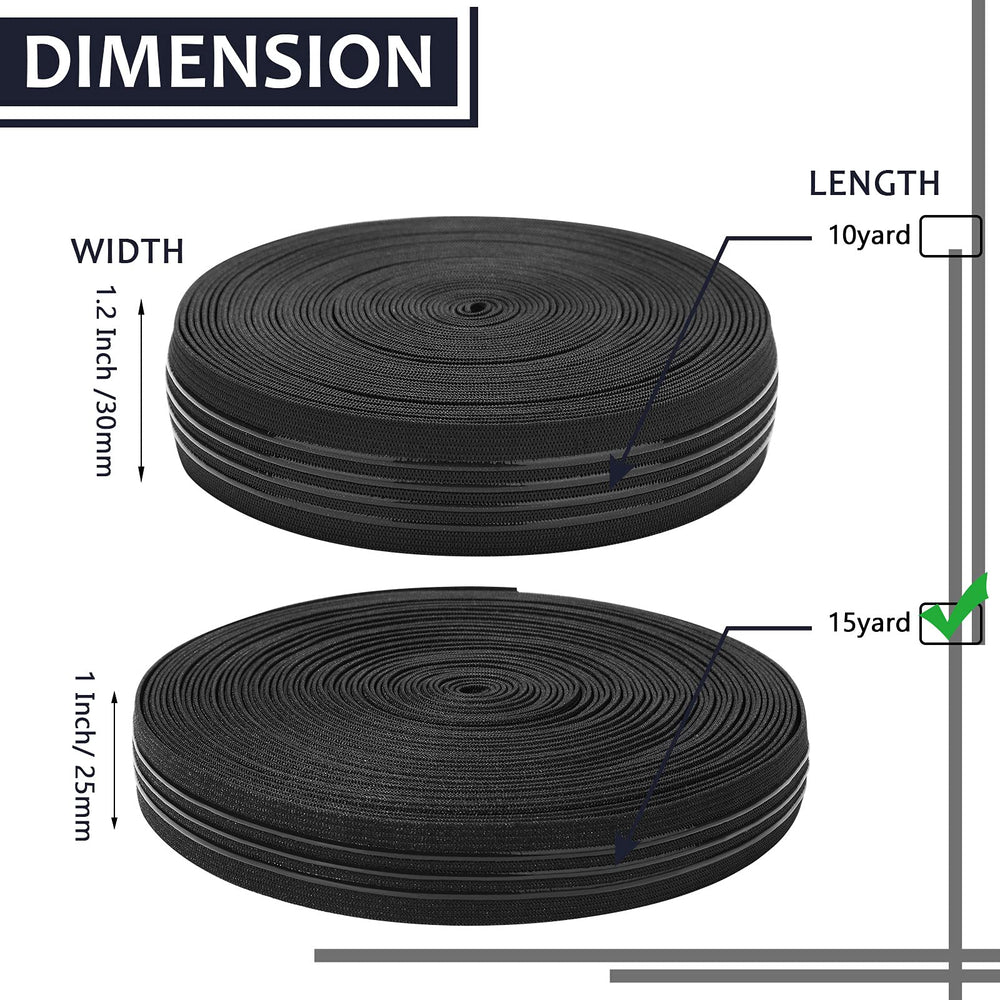 Silicone Backed Elastic Band Non-Slip Sewing Elastic Band Silicone Elastic Webbing,for Wig Sewing Project,Black (3 Stripes,15 Yards x 1 Inch)