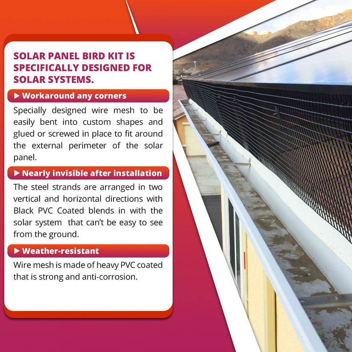 6x120FT Solar Mesh Screen for Bird Proofing Solar Panels, Solar Panel Bird Guard & Black PVC Coated Galvanized Steel with 60 Fastener Solar Panel Clips, Cutting Scissor & Gloves Included
