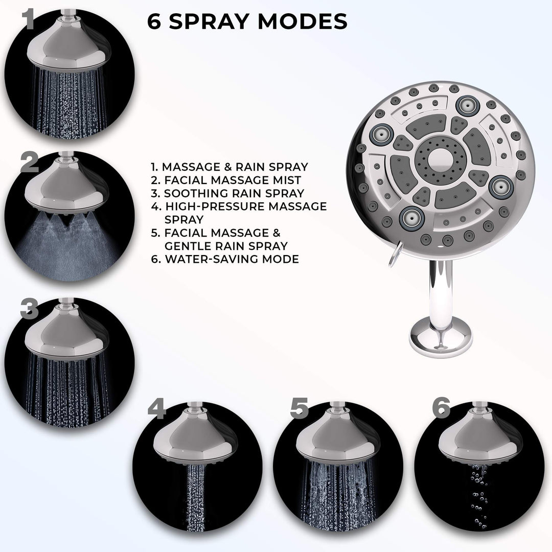 Fixed Shower Head 6 Spray Settings, 5 inch Anti-Clog Chrome Showerhead for Water Saving, Easy Tool Free Installation in Bathroom
