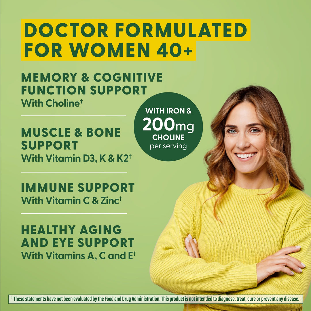 Women's 40+ Advanced Multivitamin for Women - Dr Formulated - Vitamin B, Vitamin D3, Vitamin K2 & Choline - Energy Metabolism; Brain Health & Bone Health - Vegetarian - 60 Tabs (30 servings)
