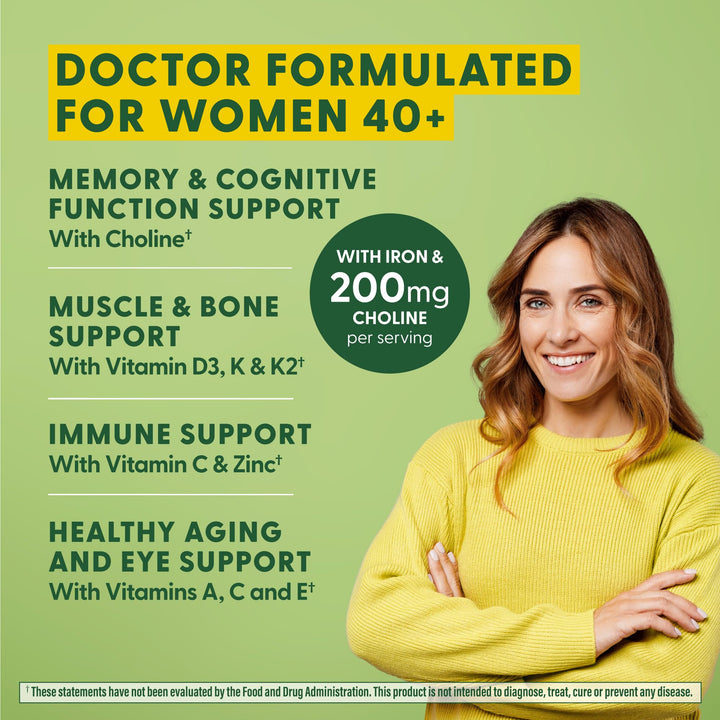 Women's 40+ Advanced Multivitamin for Women - Dr Formulated - Vitamin B, Vitamin D3, Vitamin K2 & Choline - Energy Metabolism; Brain Health & Bone Health - Vegetarian - 60 Tabs (30 servings)
